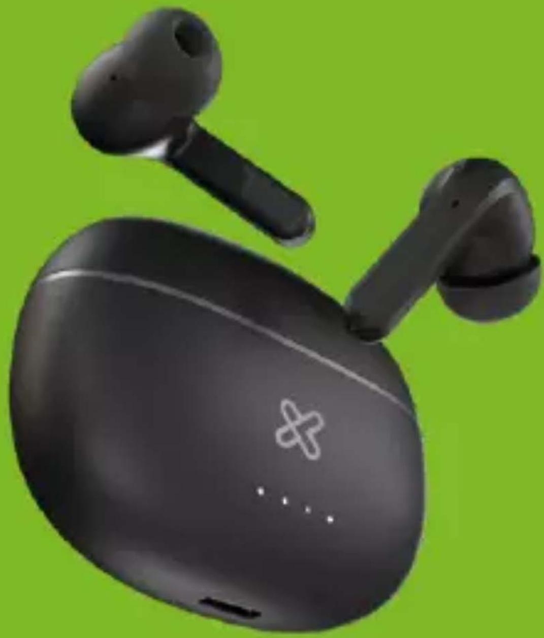Black wireless earbuds with charging case against green background (no text or symbols visible)