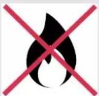 Warning symbol with flame and red X mark, indicating no fire or explosion hazard