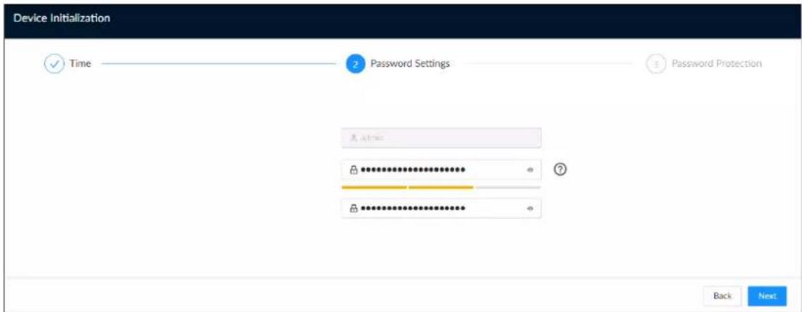 Device Initialization Time Password Settings Password Protection Active Back Next