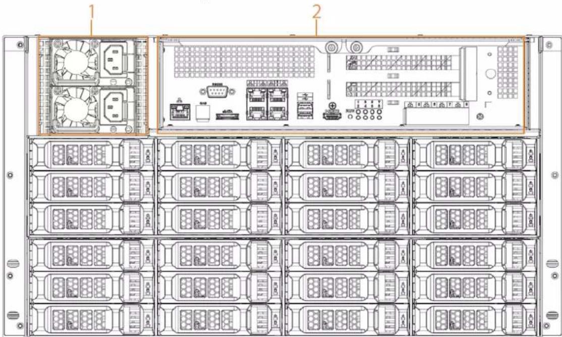 Technical diagram of a server rack with labeled components and internal layout, showing front panel, rear panel, and internal grid layout.