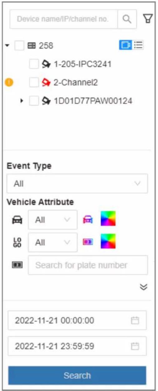 Device name/IP/channel no. 258 1-205-IPC3241 2-Channel2 1D01D77PAW00124 Event Type All Vehicle Attribute All LOGO All Search for plate number 2022-11-21 00:00:00 2022-11-21 23:59:59 Search