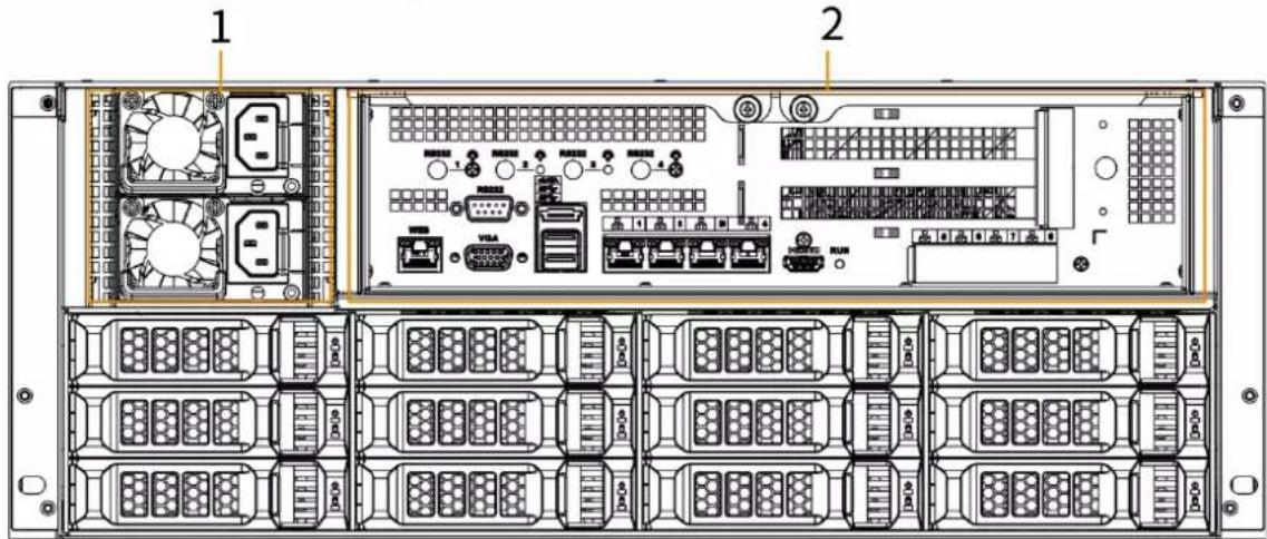 Technical diagram of a server rack with labeled components and internal hardware layout