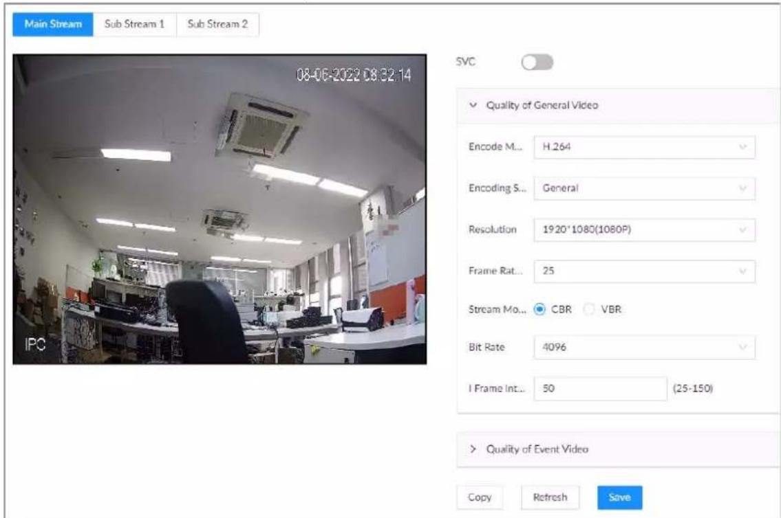 Main Stream Sub Stream 1 Sub Stream 2 08-06-2022 08:32:14 SVC Quality of General Video Encode M... H.264 Encoding S... General Resolution 1920*1080(1080P) Frame Rat... 25 Stream Mo... CBR VBR Bit Rate 4096 I Frame Int... 50 (25-150) Quality of Event Video Copy Refresh Save