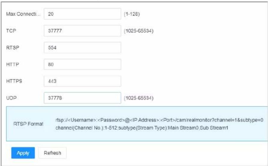 Max Connecti... 20 (1-128) TCP 37777 (1025-65534) RTSP 554 HTTP 80 HTTPS 443 UDP 37778 (1025-65534) RTSP Format rtsp://:@:/cam/realmonitor?channel=1&subtype=0 channel(Channel No.):1-512,subtype(Stream Type):Main Stream0,Sub Stream1 Apply Refresh