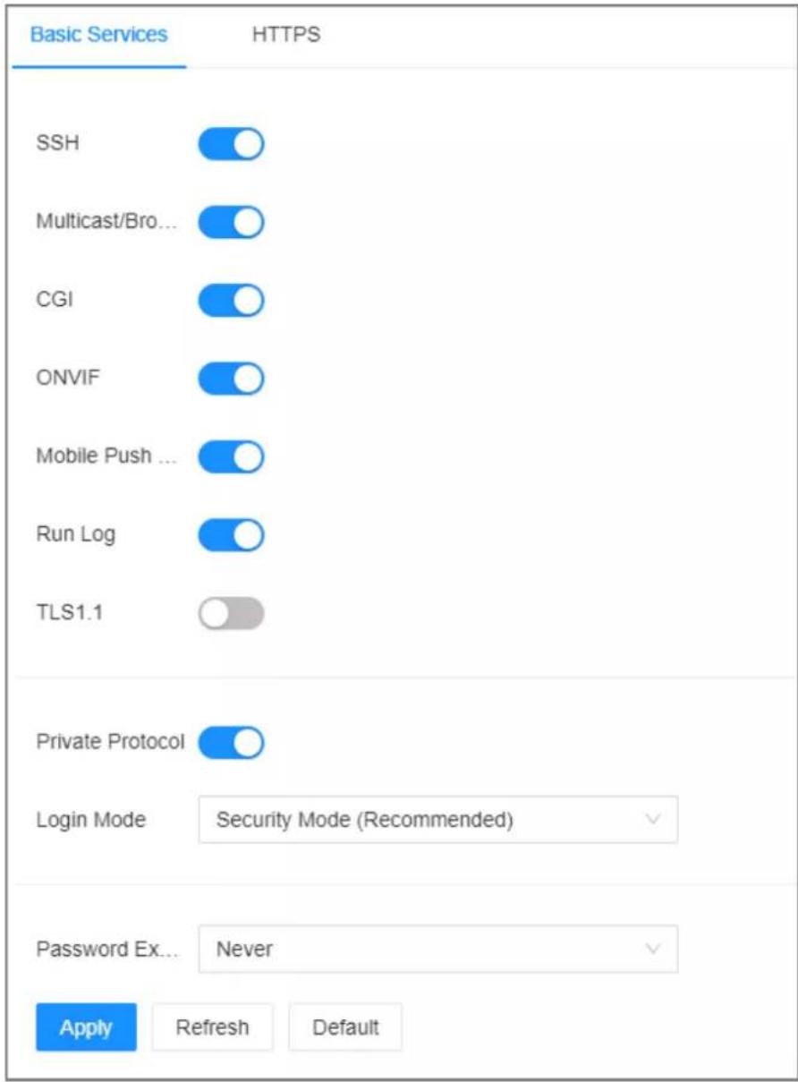 Basic Services HTTPS SSH Multicast/Bro... CGI ONVIF Mobile Push ... Run Log TLS1.1 Private Protocol Login Mode Security Mode (Recommended) Password Ex... Never Apply Refresh Default