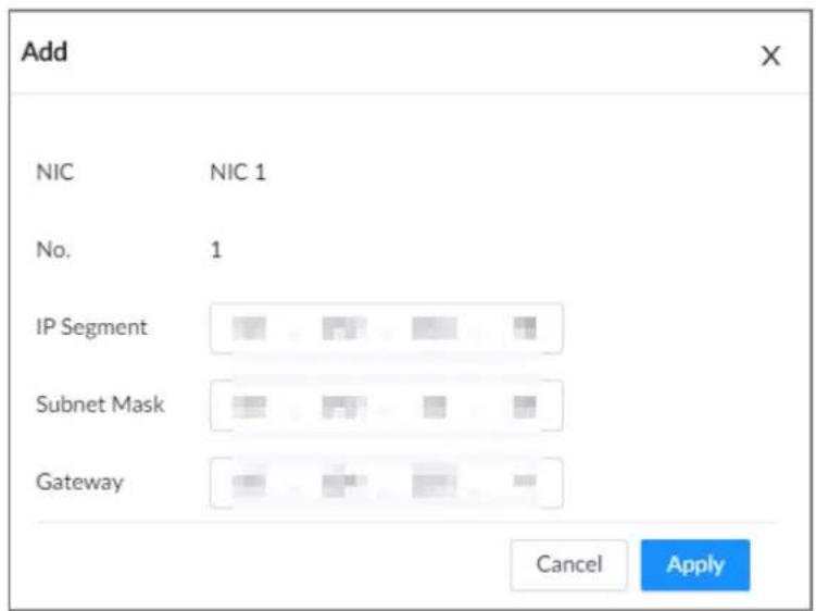 Add NIC NIC 1 No. 1 IP Segment Subnet Mask Gateway Cancel Apply