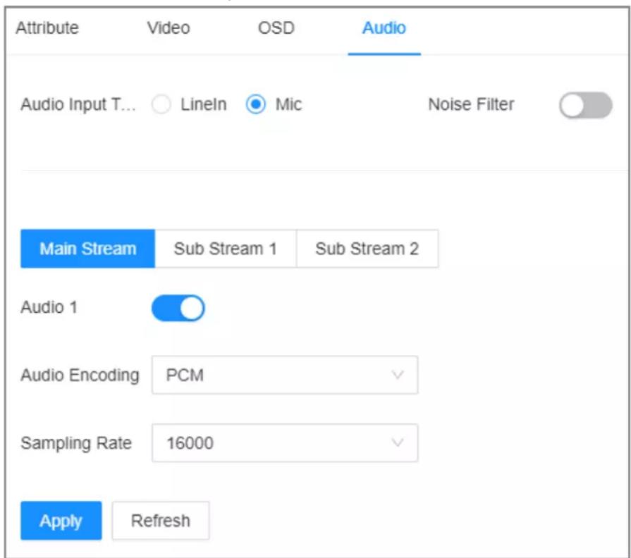 Attribute Video OSD Audio Audio Input T... ○ LineIn ● Mic Noise Filter Main Stream Sub Stream 1 Sub Stream 2 Audio 1 Audio Encoding PCM Sampling Rate 16000 Apply Refresh