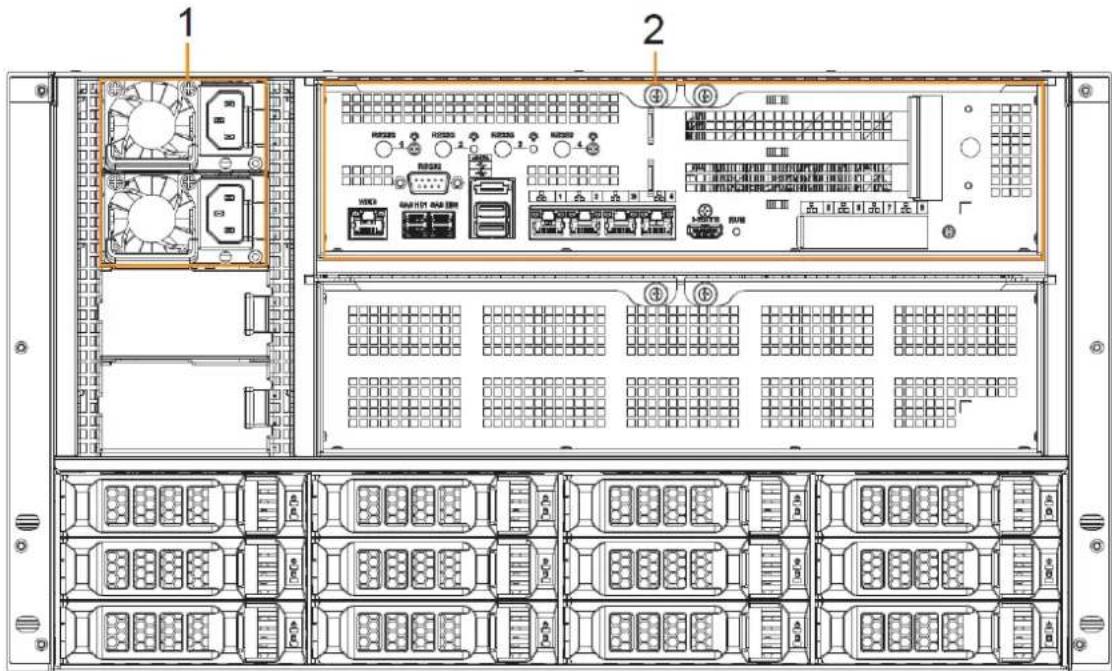 Technical diagram of a server rack with labeled components and internal hardware layout