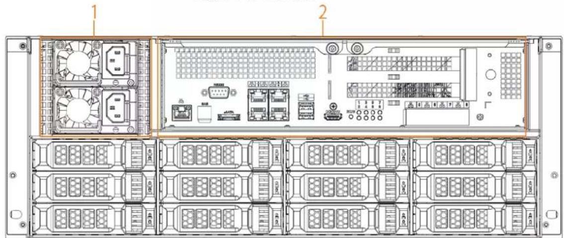 Technical diagram of a server rack with labeled components and internal layout