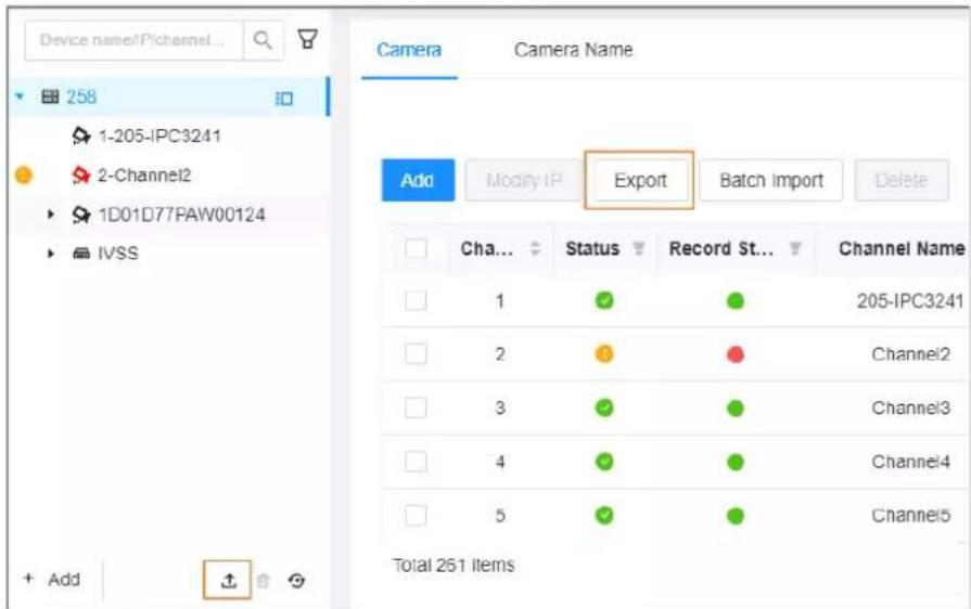 Device name/IP/channel... 258 1-205-IPC3241 2-Channel2 1D01D77PAW00124 IVSS Camera Camera Name Add Modify IP Export Batch Import Delete Channel Name Cha... Status Record St... 205-IPC3241 1 2 3 4 5 Total 261 items