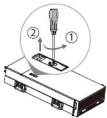 Diagram showing a screwdriver being inserted into a device, labeled with step numbers ① and ②.