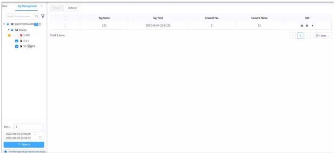 Tag Management Search for the new items SG01F3DWA.XXX Device 1-IPC 2-11 5G-Bag94 Total 1-forms Tag Name Tag Time Channel No. Camera Name Edit 121 2022-08-04 12:51:21 2 11 1 10 / page Kiry... 1 2021-08-05 00:00:06 2021-08-05 23:59:58 Search The time span must not be over 30 days