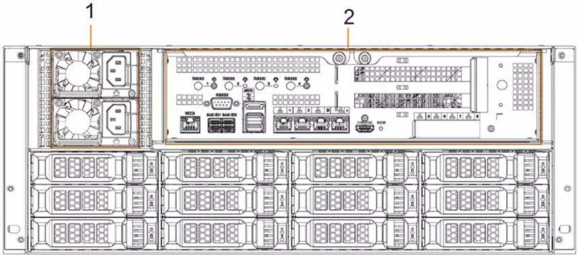 Technical diagram of a server rack with labeled components and internal hardware layout