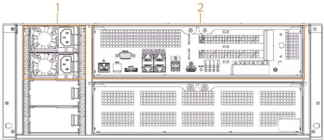 Technical diagram of a server rack with labeled components and internal layout