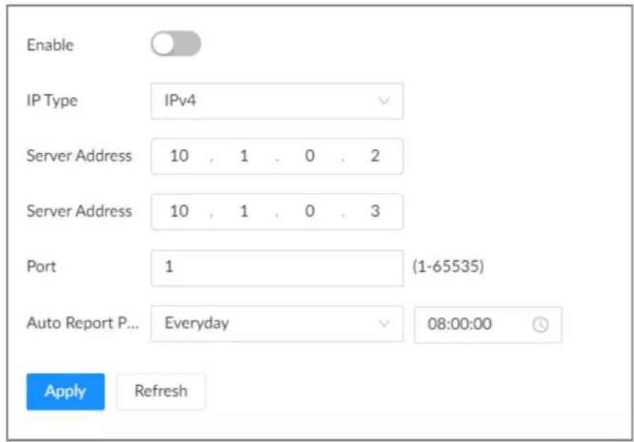 Enable IP Type IPv4 Server Address 10 , 1 , 0 , 2 Server Address 10 , 1 , 0 , 3 Port 1 (1-65535) Auto Report P... Everyday 08:00:00 Apply Refresh