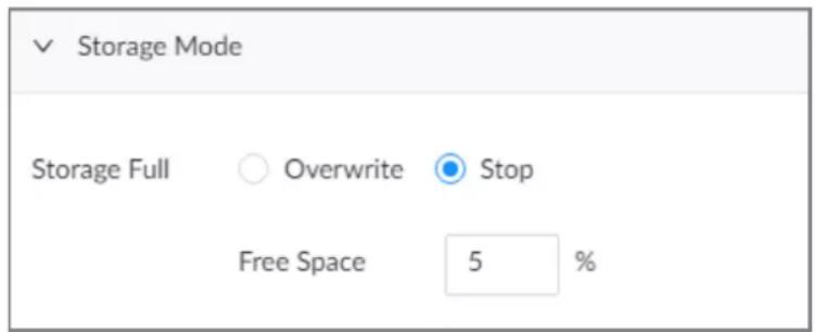 Storage Mode Storage Full Overwrite Stop Free Space 5 %