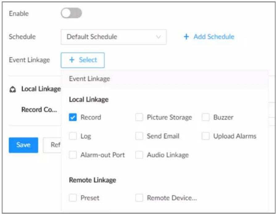 Enable Schedule Default Schedule + Add Schedule Event Linkage + Select Local Linkage Record Co... Save Ref Event Linkage Local Linkage ✓ Record Picture Storage Buzzer Log Send Email Upload Alarms Alarm-out Port Audio Linkage Remote Linkage Preset Remote Device...