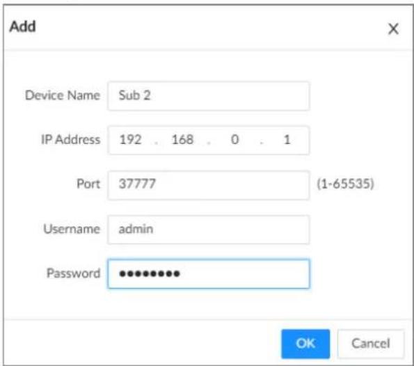 Add Device Name Sub 2 IP Address 192 . 168 . 0 . 1 Port 37777 (1-65535) Username admin Password ••••••••••• OK Cancel