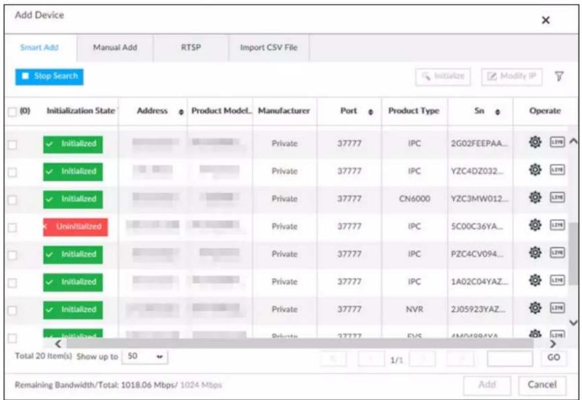 Add Device Smart Add Manual Add RTSP Import CSV File Stop Search Initialize Modify IP (0) Initialization State Address Product Model. Manufacturer Port Product Type Sn Operate ✓ Initialized Private 37777 IPC 2G02FEEPAA... ✓ Initialized Private 37777 IPC YZC4DZ032... ✓ Initialized Private 37777 CN6000 YZC3MW012... < Uninitialized Private 37777 IPC 5C00C36YA... ✓ Initialized Private 37777 IPC PZC4CV094... ✓ Initialized Private 37777 IPC 1A02C04YAZ... ✓ Initialized Private 37777 NVR 2J05923YAZ... < Uninitialized Private 37777 EVS 4M04984VA Total 20 Item(s) Show up to 50 1/1 GO Remaining Bandwidth/Total: 1018.06 Mbps/ 1024 Mbps Add Cancel