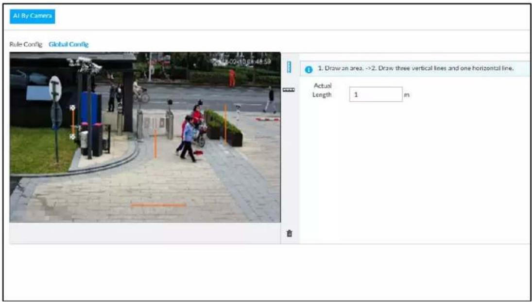 AI By Camera Rule Config Global Config 1. Draw an area, ->2. Draw three vertical lines and one horizontal line. Actual Length 1 m
