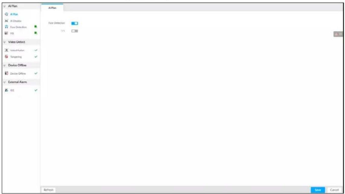 AI Plan AI Plan AI Display Face Detection ns Video Detect Value-Offset Targeting Device Offline Device Offline External Alarm kkt AI Plan Face Detection kkt Refresh Save Cancel