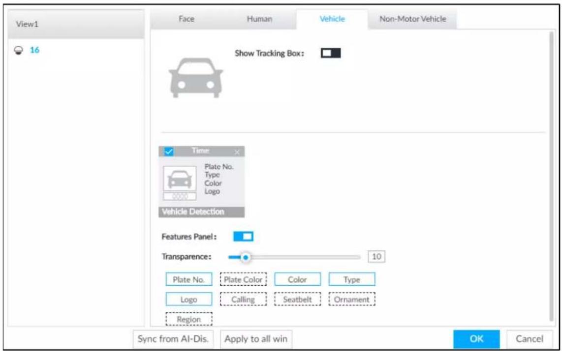 View1 Face Human Vehicle Non-Motor Vehicle 16 Show Tracking Box: Time Plate No. Type Color Logo Vehicle Detection Features Panel: Transparence: 10 Plate No. Plate Color Color Type Logo Calling Seatbelt Ornament Region Sync from AI-Dis. Apply to all win OK Cancel