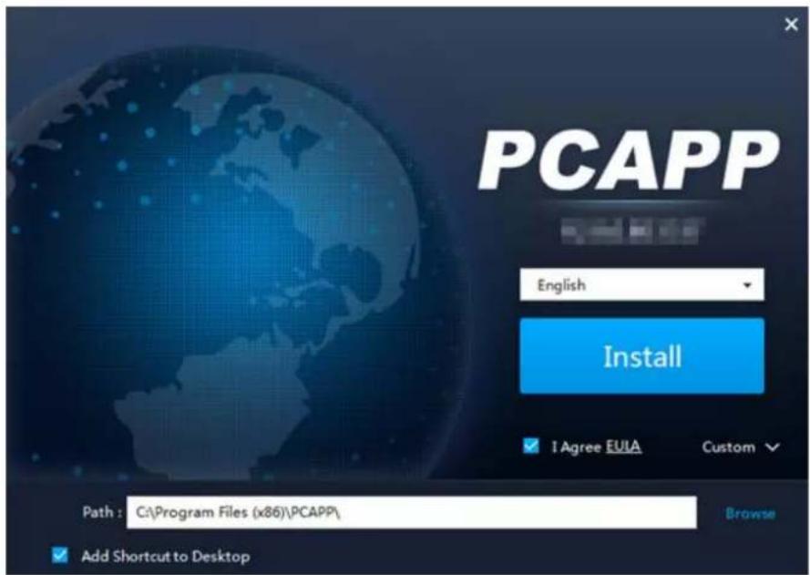 PCAPP English Install I Agree EUIA Custom Path : C:\Program Files (x86)\PCAPP\ Add Shortcut to Desktop