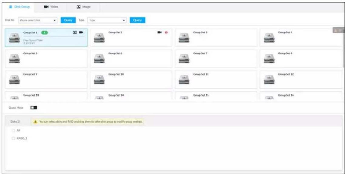 Disk Group Video Image Disk No. Please select disk Query Type type Query Group Set 1 Free Splice/Time 7:24:17:01 Group Set 2 Group Set 3 Group Set 4 Group Set 5 Group Set 6 Group Set 7 Group Set 8 Group Set 9 Group Set 10 Group Set 11 Group Set 12 Group Set 13 Group Set 14 Group Set 15- Group Set 16 Quota Mode Disk(1) You can select disks and RAID and drag them to other disk group to modify group settings. All RAIDS_1