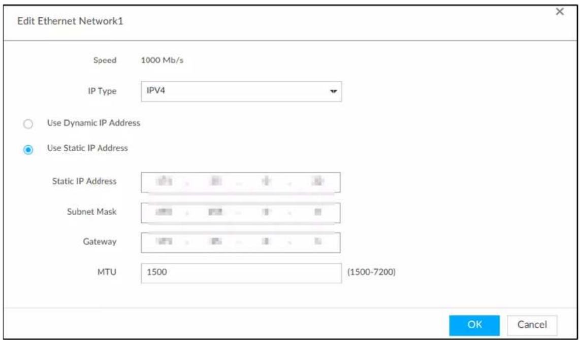 Edit Ethernet Network1 Speed 1000 Mb/s IP Type IPV4 Use Dynamic IP Address Use Static IP Address Static IP Address Subnet Mask Gateway MTU 1500 (1500-7200) OK Cancel