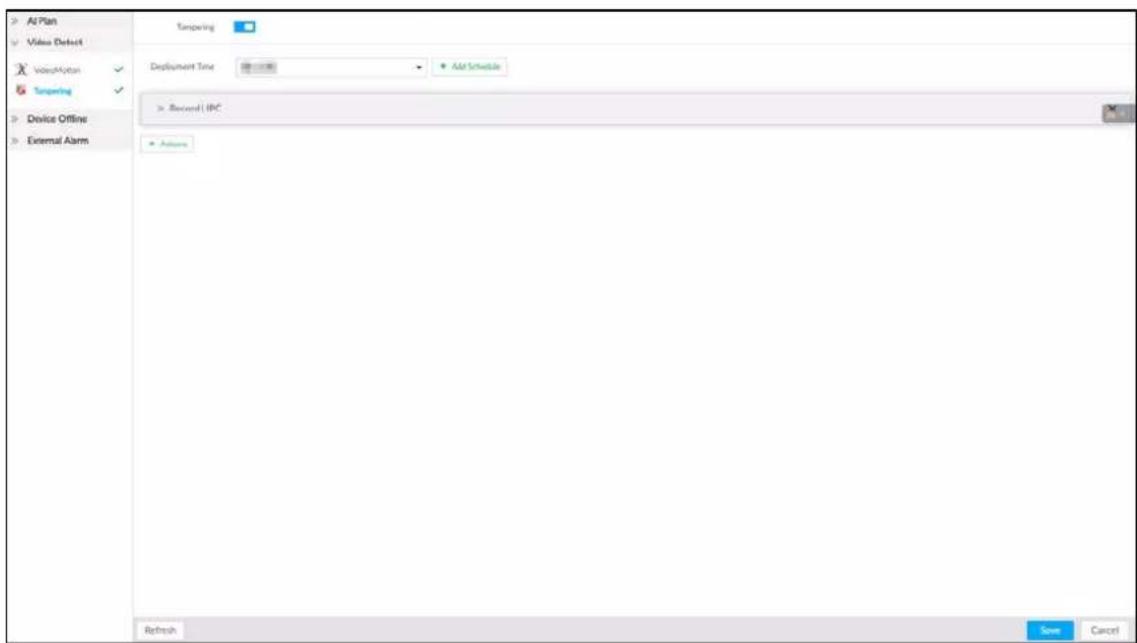 Air Plan Video Defect VoiceAction Targeting Device Offline External Alarm Targeting Deployment Time Add Schedule > Beyond IPC + Direction Refresh Save Cancel
