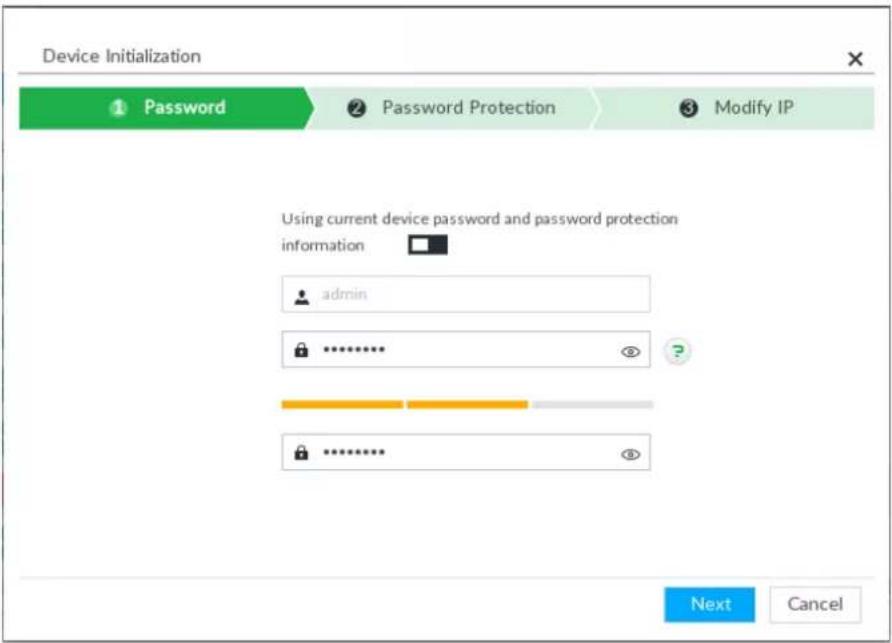 Device Initialization Password Password Protection Modify IP Using current device password and password protection information admin ****** ... Next Cancel