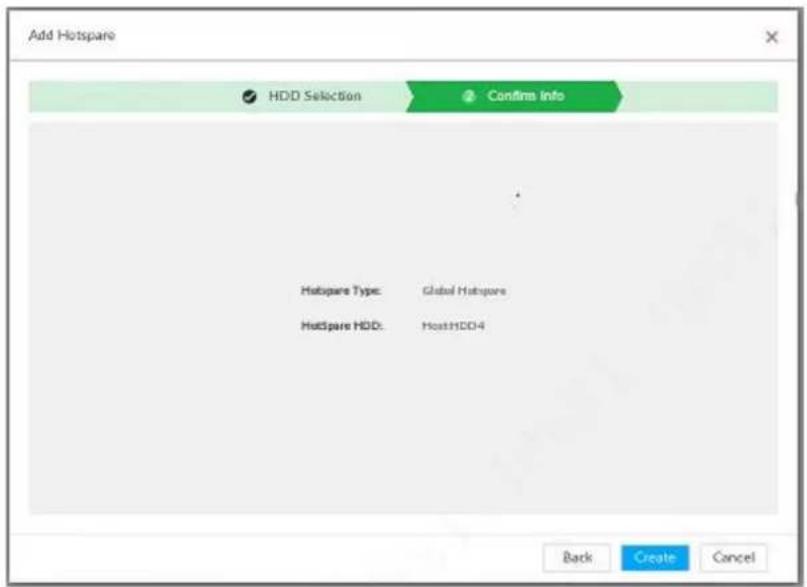Add Hotspare HDD Selection Confins Info Hotspare Type: Global Hotspore Hotspare HDD: HostHDD4 Back Create Cancel