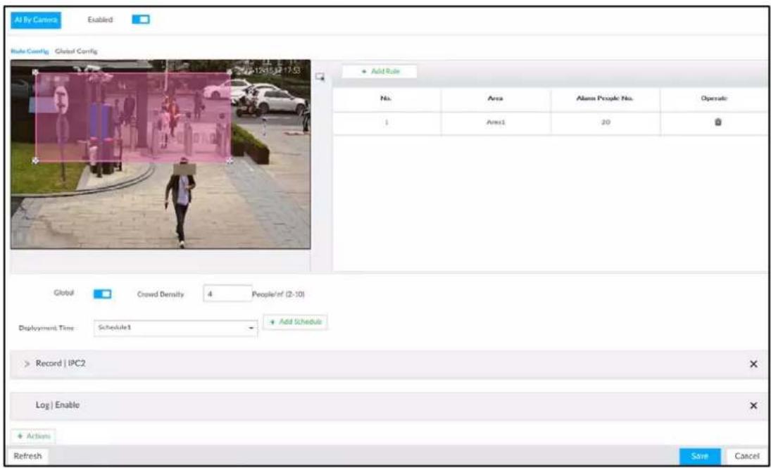 All By Camera Enabled Rule Config: Global Config Add Rule No. Area Alaws People No. Operate 1 Area1 20 Global Crowd Density 4 People/lf (2-10) Deployment Time: Schedule1 + Add Schedule Record | IPC2 Log | Enable Actions Refresh Save Cancel