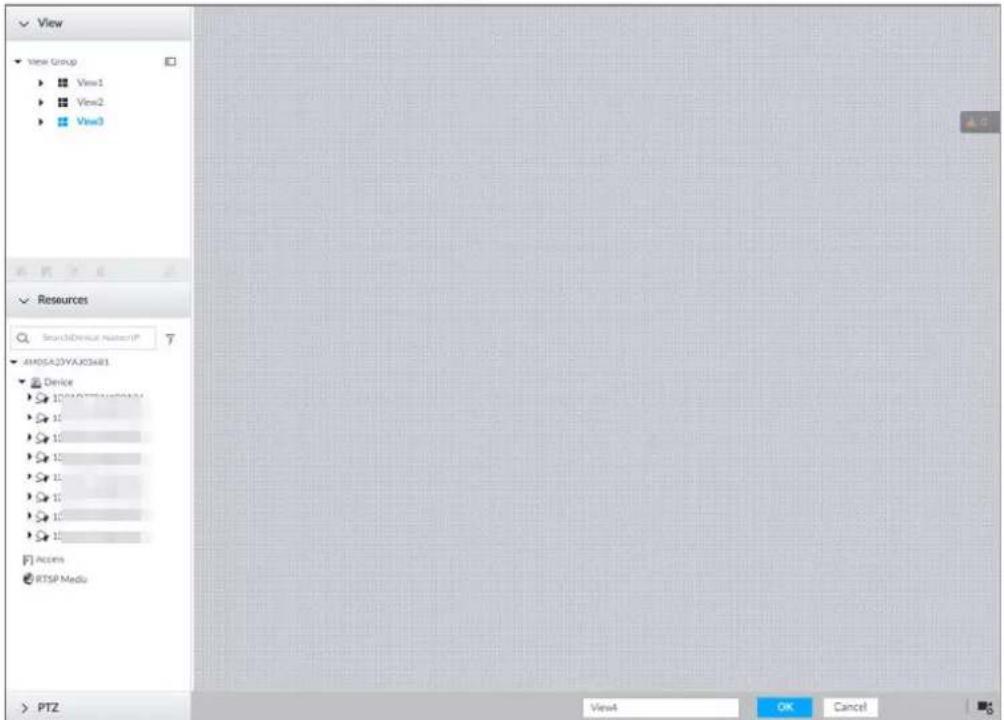 View View Group View1 View2 View3 Resources SearchDevice Name/IP JH05A23YAJ03481 Device 100A077E1000000 10 10 10 10 10 10 10 Access RTSP Media PTZ View4 OK Cancel