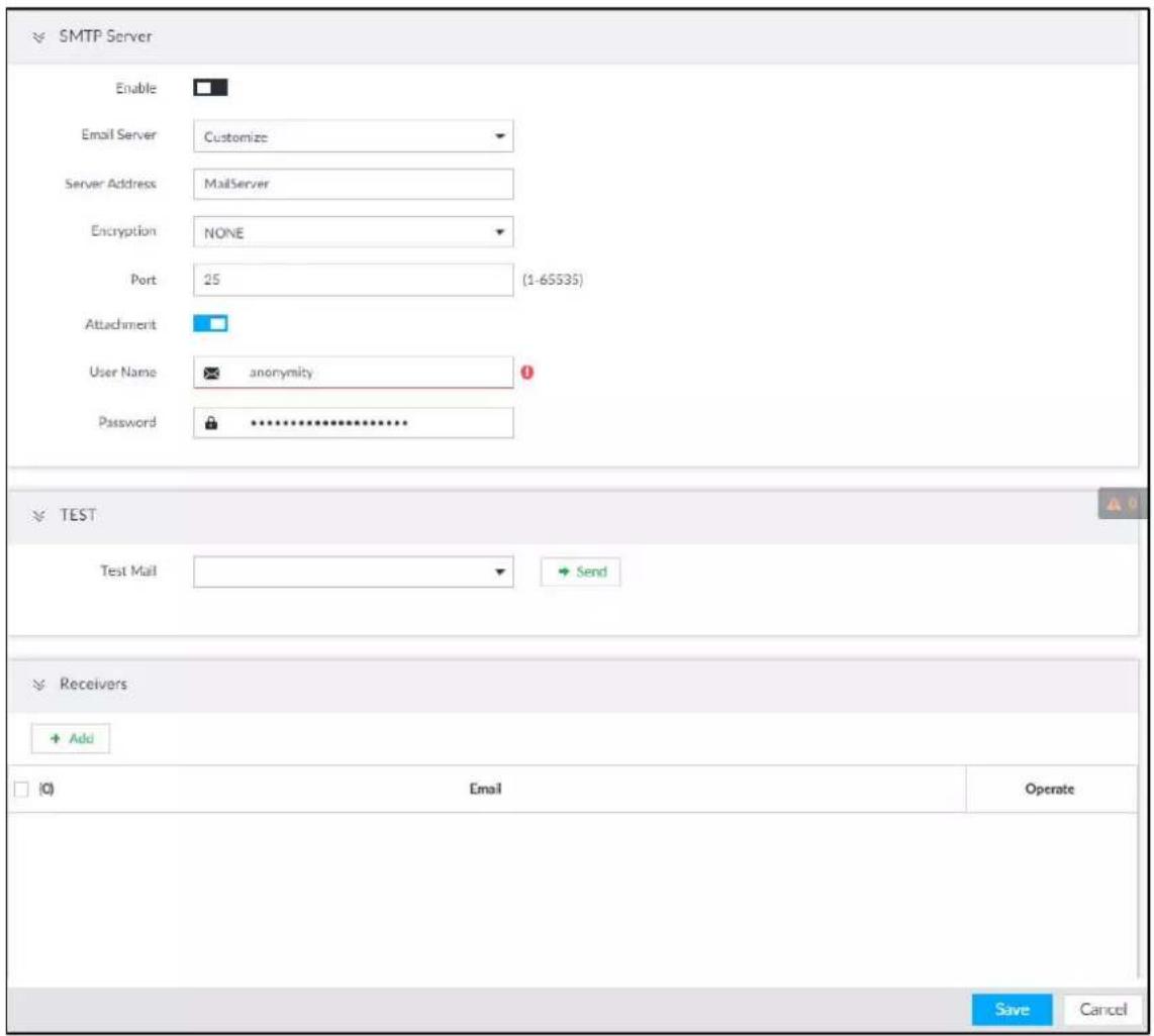 SMTP Server Enable Email Server Customize Server Address MailServer Encryption NONE Port 25 (1-65535) Attachment User Name anonymity Password ********** TEST Test Mail Send Receivers Add (C) Email Operate Save Cancel
