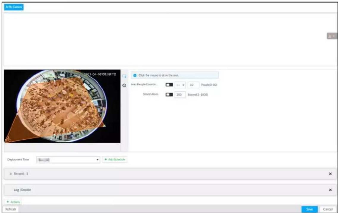 All To-Camers 2011-04-16 08:38:12 Click the mouse to draw the area. Area People Countin... → 10 People(0-80) Stand Alam 300 Second(1-1800) Deployment Time Add Schedule Record | 1 Log | Enable Actions Refresh Save Cancel