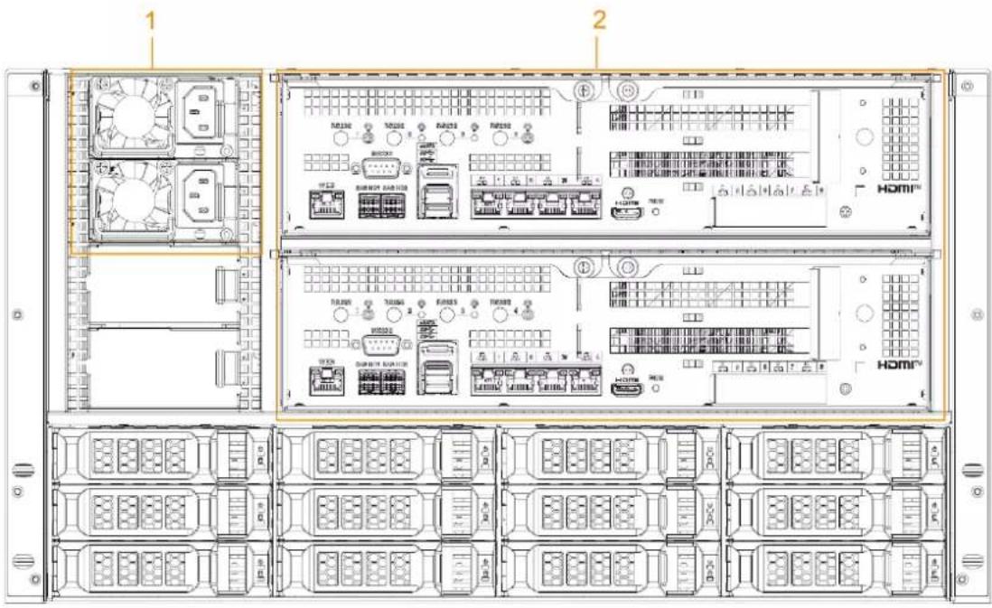 Technical diagram of a server rack with labeled components and internal hardware layout