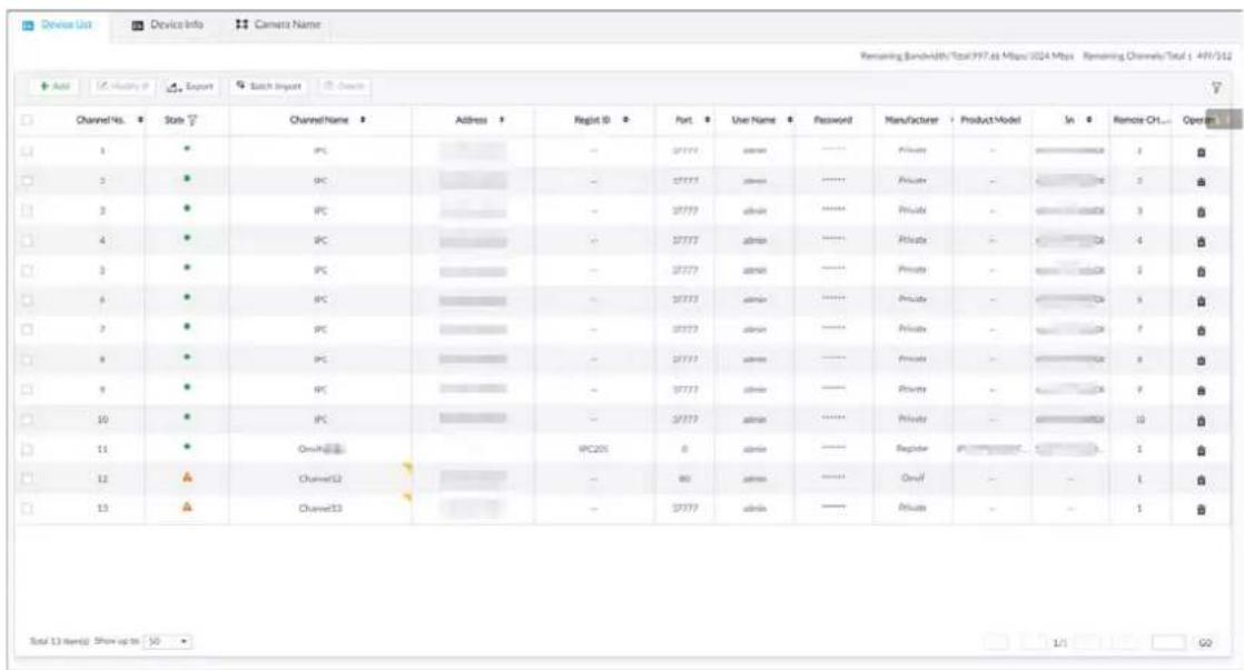 Device Unit Device Info Camera Name Removing Bandwidth/Total:997.68 Mbps 2024 Mbps Remaining Channels/Total : 497/512 Add History P Export Such Import Change Channel No. State Channel Name Address Regist ID Port User Name Password Manufacturer Product Model In Remote Ch... Operant 1 2 3 4 5 6 7 8 9 10 11 12 13 PTC PC PC PC PC PC PC PC PC PC PC PC PC PC PC PC PC PC PC PC PC PC PC PC PC PC PC PC PC PC PC PC PC PC PC PC PC PC PC PC PC PC PC PC PC PC PC PC PC PC PC IPC205 0 admin - Register P-11-11-11-11-11-11-11-11-11-11-11-11-11-11-11-11-11-11-11-11-11-11-11-11-11-11-11-11-11-11-11-11-11-11- Total 13 items Show up to 50 1/1 60