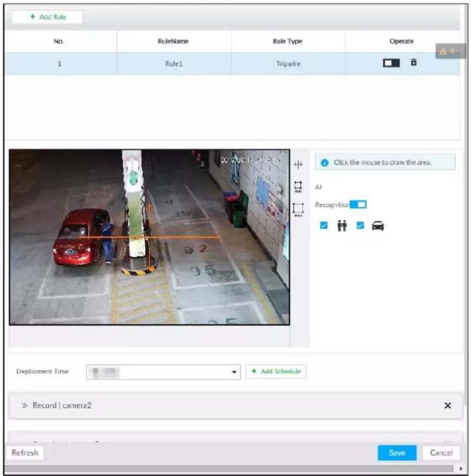 + Add Rule No. RuleName Rule Type Operace 1 Rule1 Tripwire Click the mouse to draw the area. AI Recognition ✓ ✓ ✓ ✓ Deployment Time + Add Schedule Record | camera2 Refresh Save Cancel