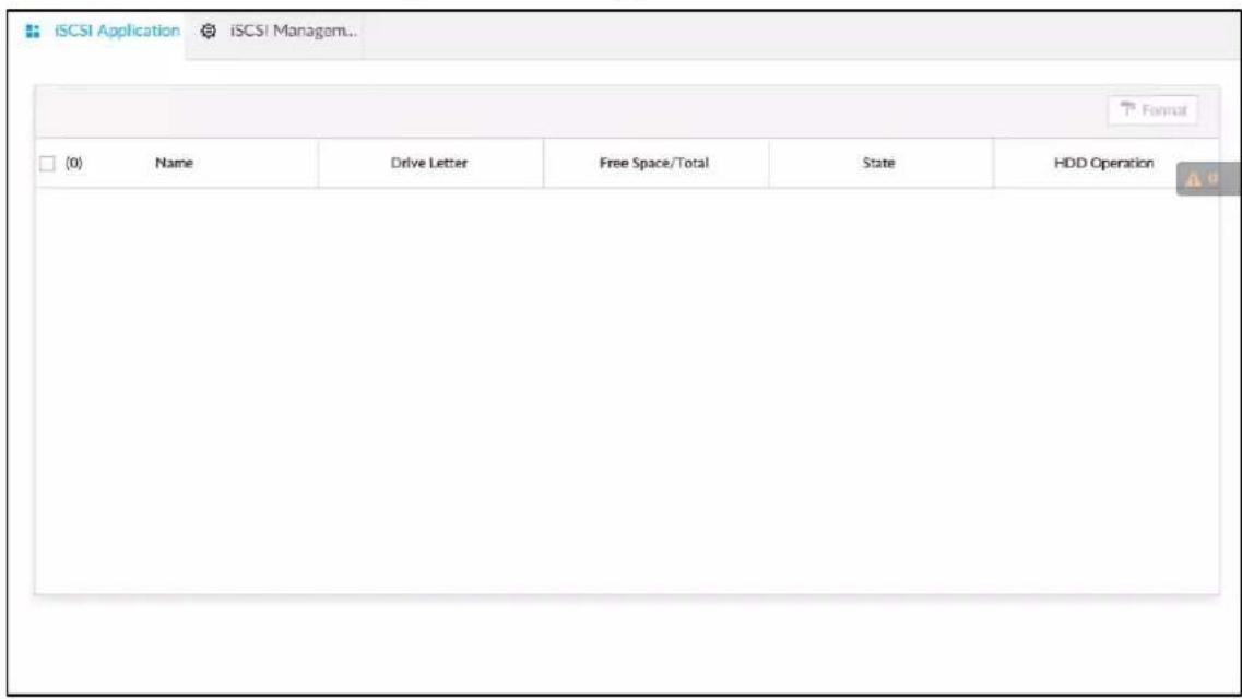 iSCSI Application iSCSI Managem... Format (0) Name Drive Letter Free Space/Total State HDD Operation