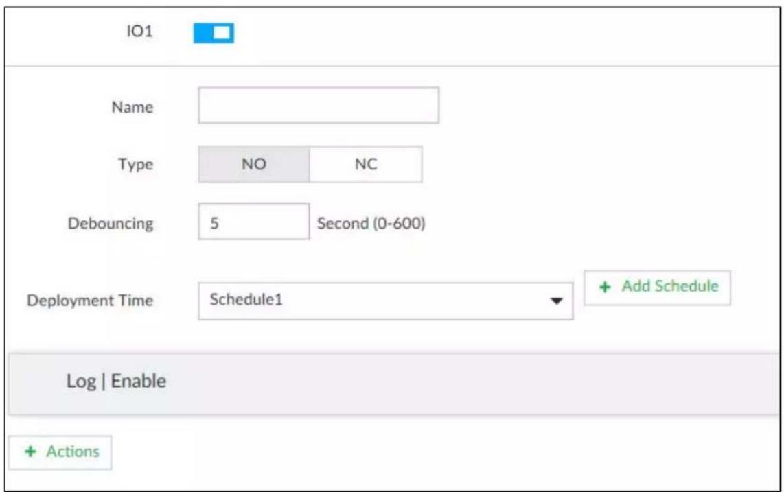 IO1 Name Type NO NC Debouncing 5 Second (0-600) Deployment Time Schedule1 + Add Schedule Log | Enable + Actions