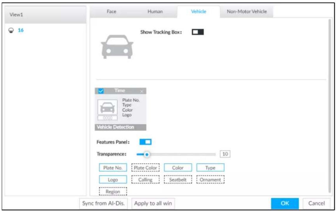 View1 Face Human Vehicle Non-Motor Vehicle 16 Show Tracking Box: Time Plate No. Type Color Logo Vehicle Detection Features Panel: Transparence: 10 Plate No. Plate Color Color Type Logo Calling Seatbelt Ornament Region Sync from AI-Dis. Apply to all win OK Cancel