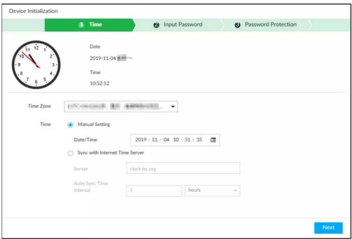 Device Initialization 1 Time 2 Input Password 3 Password Protection Date 2019-11-04 Time 10:52:52 Time Zone Manual Setting Date/Time 2019 - 11 - 04 10 : 51 : 35 Sync with Internet Time Server Server clock.isc.org Auto Sync Time Interval 1 hours Next