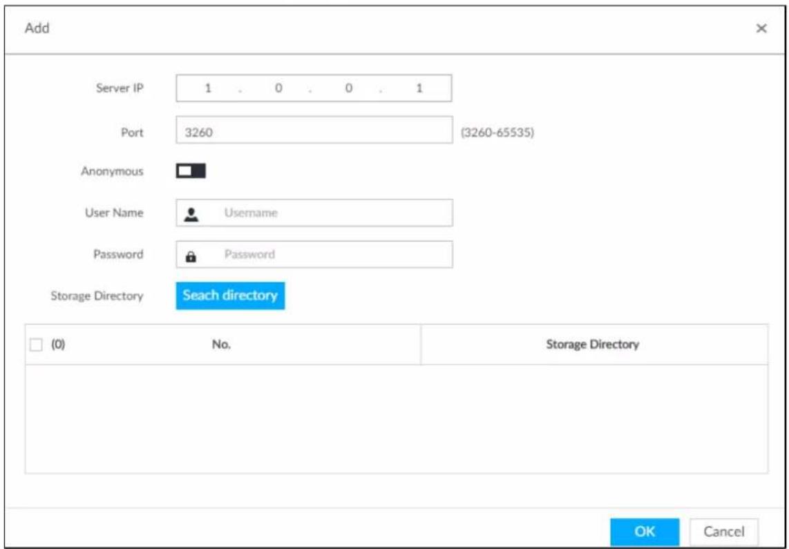 Add Server IP 1 . 0 . 0 . 1 Port 3260 (3260-65535) Anonymous User Name Username Password Password Storage Directory Seach directory (0) No. Storage Directory OK Cancel