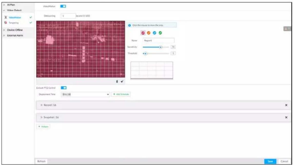 AI Plan Video Detect VideoMotion Snapshot Device Offline External Alarm VideoMotion Debrisuring 1 second (0-100) Click the request to show the info. Name Report Sensitivity 30 Threshold 5 Exclude FTZ Control Deployment Time Record 46 Add Schedule Record | 16 Snapshot | 16 + Action Refresh Save Cancel