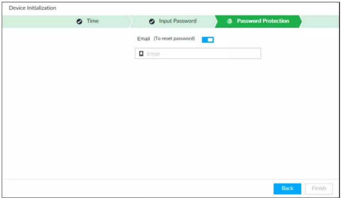 Device Initialization ✓ Time ✓ Input Password 3 Password Protection Email (To reset password) □ Email Back Finish
