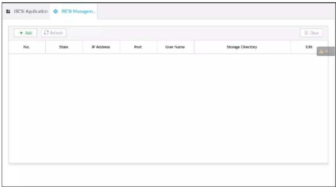 ISCSI Application ISCSI Managem... + Add Refresh Clear No. State IP Address Port User Name Storage Directory Edit