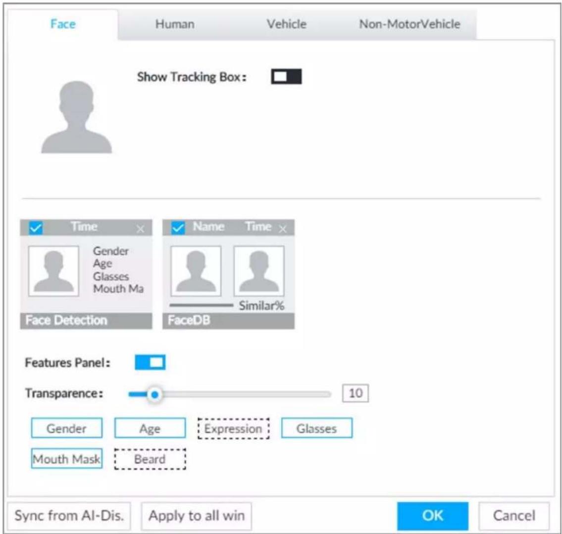Face Human Vehicle Non-MotorVehicle Show Tracking Box: Time Gender Age Glasses Mouth Ma Face Detection Name Time Similar% FaceDB Features Panel: Transparence: 10 Gender Age Expression Glasses Mouth Mask Beard Sync from AI-Dis. Apply to all win OK Cancel