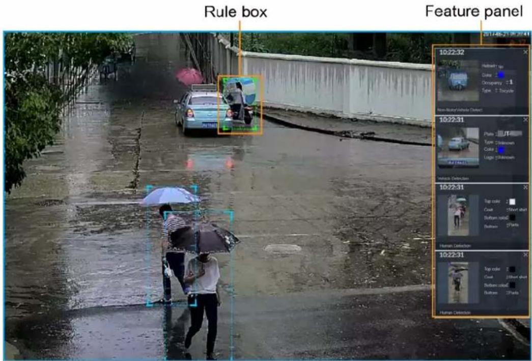 Rule box Feature panel 2011/48-21 06:30:41 10:22:32 Husband's up Color Occupancy Type Top color Home-Motor Vehicle Detected 10:22:31 Plate Type: Chalkdown Color Logo Chalkdown Vehicle Detected 10:22:31 Top color Color Bottom color Bottom color Bottom color Human Detected 10:22:31 Top color Color Bottom color Bottom color Bottom color Human Detected
