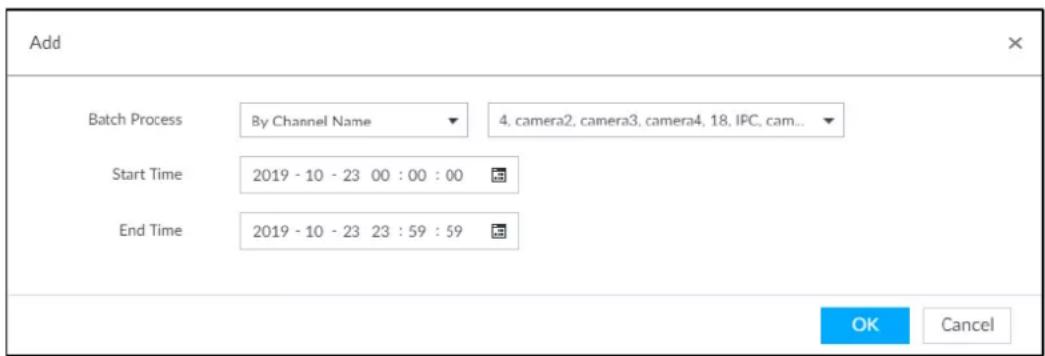 Add Batch Process By Channel Name 4, camera2, camera3, camera4, 18, IPC, cam... Start Time 2019 - 10 - 23 00 : 00 : 00 End Time 2019 - 10 - 23 23 : 59 : 59 OK Cancel